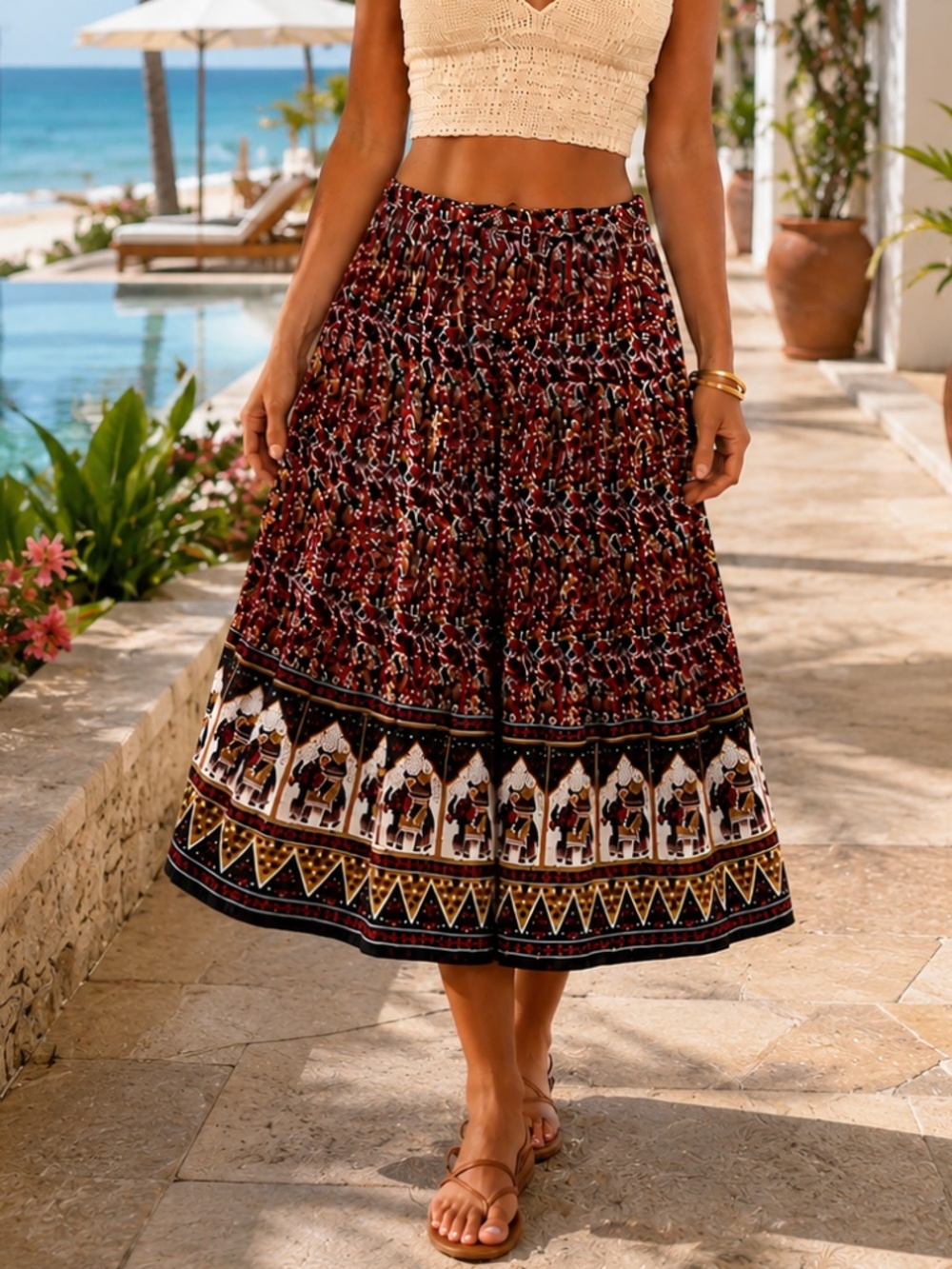 Boho 100% Cotton Floral Elephant Print Crinkle Maxi Skirt Size L